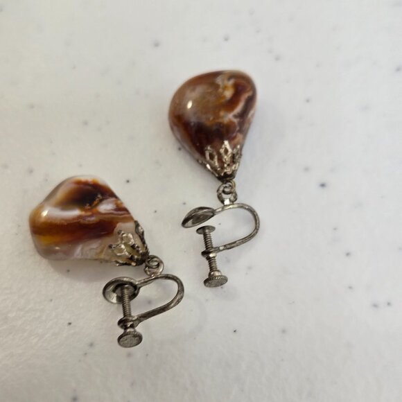Agate Earrings Dangle Brown Stripe Drop Gemstone Boho Tumbled Stone - Picture 7 of 8
